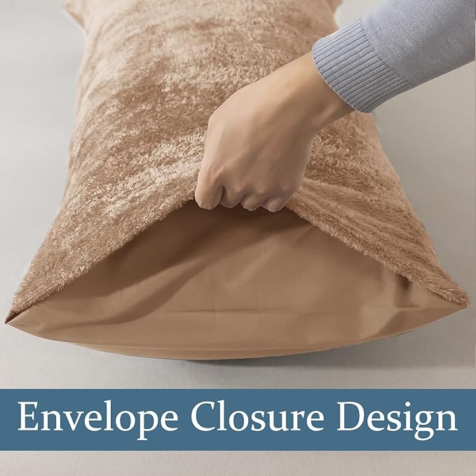 Whatsbedding Sherpa Body Pillow Cover, Ultra Soft Faux Fur Body Pillowcase, Luxury Shaggy Plush Long Pillowcase, Envelope Closure - Khaki (20x54 inch)