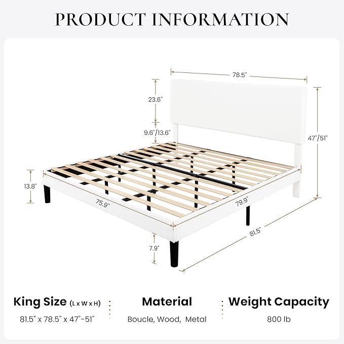 SHA CERLIN King Size Platform Bed Frame with Adjustable Headboard and Wooden Slats Support, Boucle Upholstered Mattress Foundation, No Box Spring Needed, Easy Assembly, Soft White