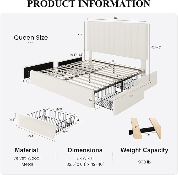 SHA CERLIN Queen Platform Bed Frame with 4 Storage Drawers, Vertical Channel Tufted Adjustable Headboard, Velvet Upholstered, Wooden Slats Support, No Box Spring Needed, Easy Assembly, Cream