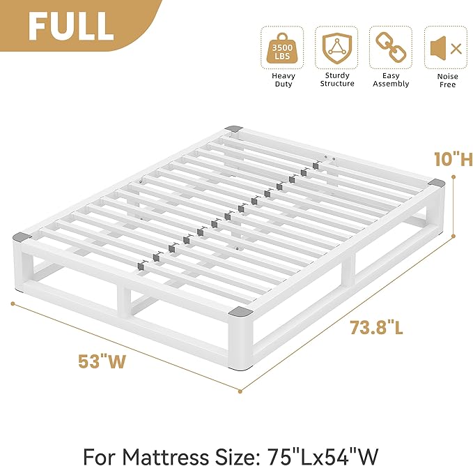 10 Inch Full Size Bed Frame with Rounded Corner and Squeak Free U-Slot Design, Metal Platform Bed Frames 6 Non-Slip Guards, 3500lbs Heavy Duty Steel Slat Support, No Box Spring Needed, White