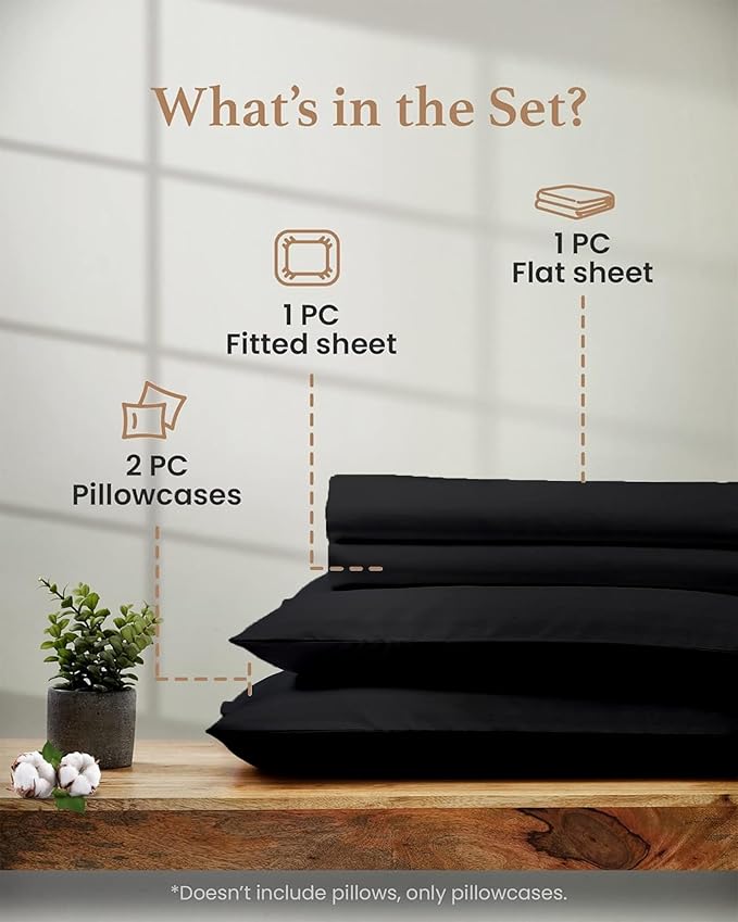 Good Sleep Bedding Twin Sheets - 100% Egyptian Cotton Twin Sheet Set, 3 Pc, Sateen Weave, Hotel Quality Twin Size Bed Set, Soft, 16" Deep Pocket Twin Sheets - Black Twin Bedsheets