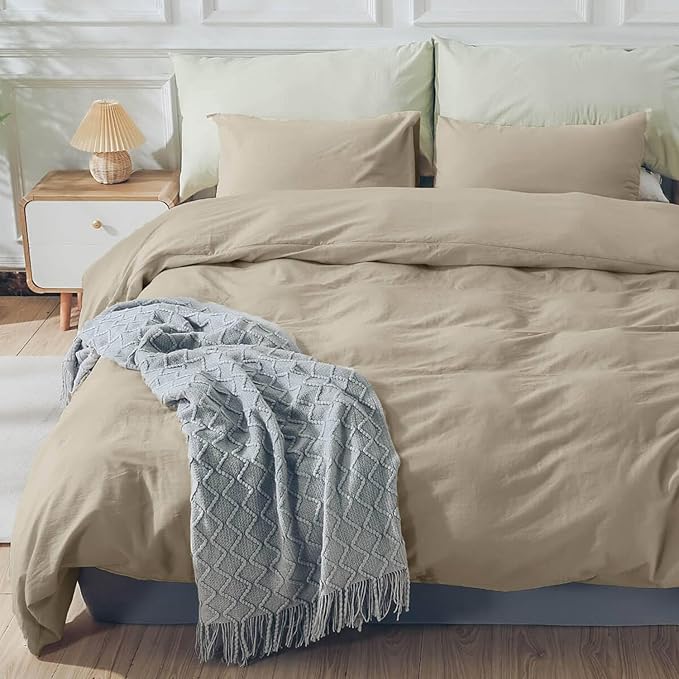 NEXHOME PRO Duvet Cover Set 100% Washed Cotton Oversized King 120"x98" Linen Feel Textured Organic Natural 3 Pieces Bedding Set with Zipper Closure and Corner Ties, Breathable Soft (No Comforter)