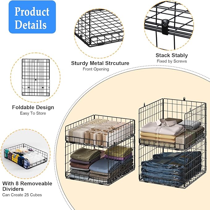 4 Pack Closet Organizers and Storage Shelves for Clothes, 4 Tier Stackable Closet Storage Basket Bin Container for Clothing Sweater Jean, Narrow, Foldable, Sturdy Metal System Organizer Shelf