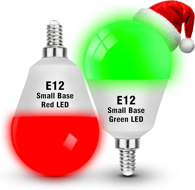 Red Green E12 LED Candelabra Bulbs, 25w-40w Equivalent, 3W Christmas Light Bulbs, E12 Small Base Globe Red Green LED Bulb for Christmas Halloween Holiday Party Wedding Decoration (1 Red+1 Green)