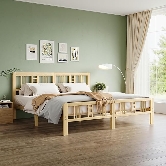 14 Inch High Bamboo King Bed Frame with Headboard and Footboard, Wood Bed Frame King Metal Slat Support Heavy Duty, No Box Spring Needed, Easy Assembly, Noise Free, Reinforced