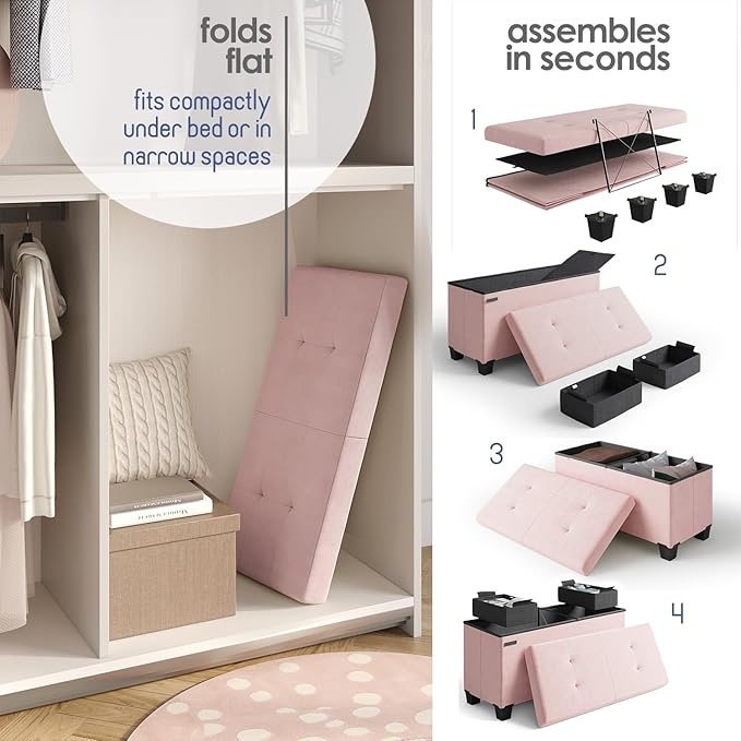 Storage Ottoman Bench with Bins, 30-in Storage Bench for Bedroom End of Bed, Folding Foot Rest Ottoman for Living Room Max 660lbs, Velvet Ottomans, Pink