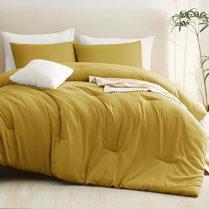 CozyLux King Size Comforter Set Mustard Yellow, 3 Pieces Solid Comforters King Size Breathable Quilted Bedding Sets, Luxury Soft Lightweight Bed Set with Down Alternative Comforter and 2 Pillowcases