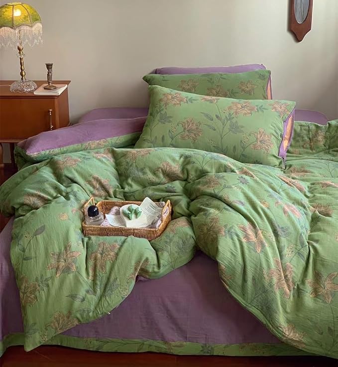 VM VOUGEMARKET Green Duvet Cover Set Full,Lily Flower Jacquard Duvet Cover with 2 Pillowcases 3Pcs Yarn-Dyed Linen Cotton Green Purple Bedding Set for Teens Girls Without Comforter-80 x90