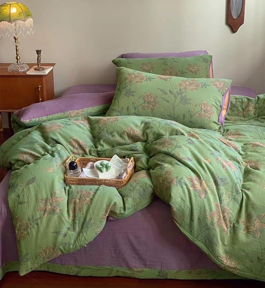 VM VOUGEMARKET Green Duvet Cover Set Full,Lily Flower Jacquard Duvet Cover with 2 Pillowcases 3Pcs Yarn-Dyed Linen Cotton Green Purple Bedding Set for Teens Girls Without Comforter-80 x90