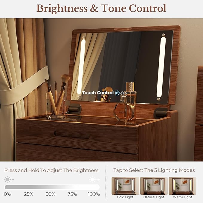 Muwuele Solid Wood Small Vanity Desk with Mirror and Lights, Narrow Makeup Vanity for Small Space, Flip Top Vanity Side Table, 3 Color Modes & Adjustable Brightness, 19.6" Slim Dressing Table, Walnut