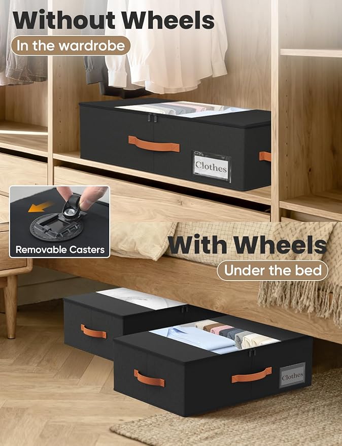TOSKING 2-Pack Under Bed Storage Bins with Wheels, 4 Vacuum Bags, Heavy Duty 80 lbs, 7.9" Height, 47L Clear Lid Organizer, Space Saver for Dorm Bedroom Clothes Shoes Toys, Quick Assembly, Black