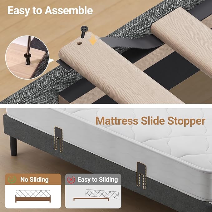 COLAMY Full Size Bed Frame with Charging Station & LED Lights, Upholstered Headboard with 2-Tier Storage, Heavy Duty Metal Platform Bed with Wood Slats, No Box Spring, Noise-Free, Easy Assembly, Grey