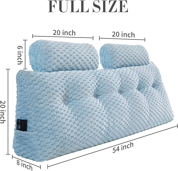 Wedge Headboard Pillow - Bed Wedge Pillow for Headboard Triangular Headboard Pillow with Neck Roll Pillow-Large Bolster Pillow for Sitting in Bed Backrest Positioning Support (Blue,54x8x20 Inches)