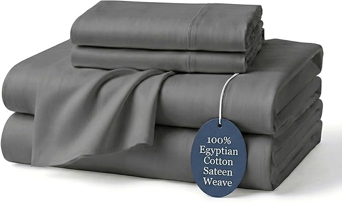 100% Egyptian Cotton Sheets King Dark Grey - Luxury Hotel Collection King Size Sheet Set, Cooling & Breathable Sateen Weave, Anti Pilling Extra Long Staple Cotton, 16" Deep Pocket - 4Pc
