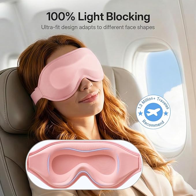 LitBear Long Lash Sleep Mask for Women Men Side Sleeper, 3D Contoured Light Blocking Sleeping Mask, Soft Comfortable Eye Mask Sleep with Adjustable Strap, Pouch for Travel, Pink