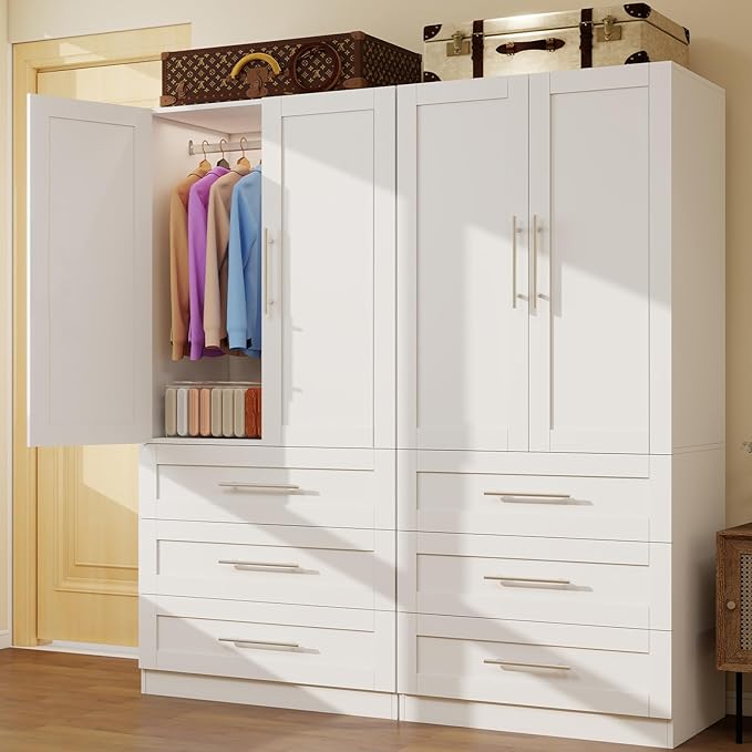 Armoire Wardrobe Closet with 6 Deep Drawers and Doors 71" Clothing Storage Cabinet with Hanging Rod Wooden Wardrobe Cabinet for Bedroom, Large Capacity Storage White, 2 Sets