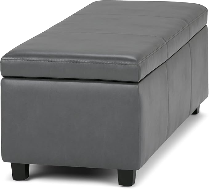 SIMPLIHOME Avalon Storage Ottoman Bench - 48" Wide x 16" High Upholstered Vegan Leather Rectangular Lift-Top Ottoman in Stone Grey, Contemporary Storage Bench for Living Room with High-Density Foam