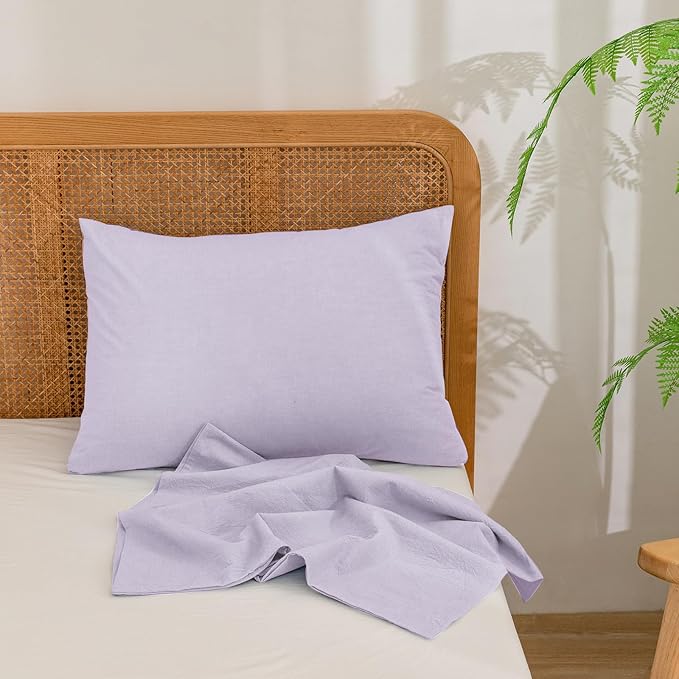 BESTOUCH 100% Washed Cotton Pillowcase for Hair and Skin Linen Feel Soft Comfortable Breathable 2 Set Pillow Case with Envelope Closure Solid Taro Purple Standard 20x26 Inches