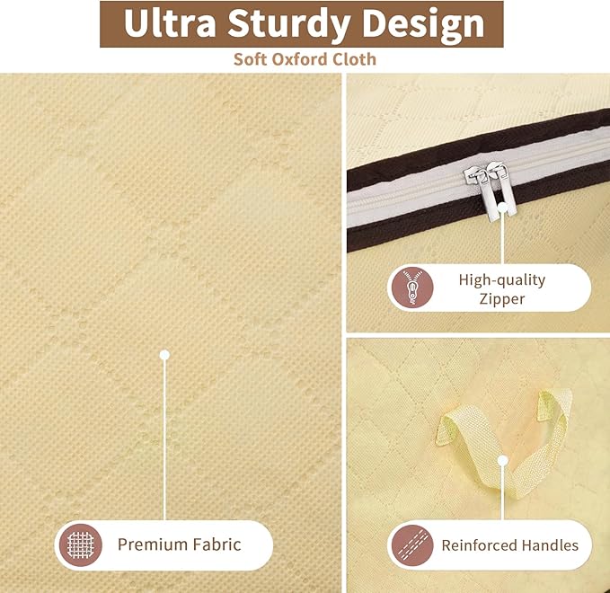 90L Clothes Blanket Storage Bags, 6 Pack Under Bed Storage Bins with Lids, Foldable Closet Organizer with Reinforced Handles for Clothing, Blanket, Comforters, Bed Sheets, Pillows and Toys, Beige