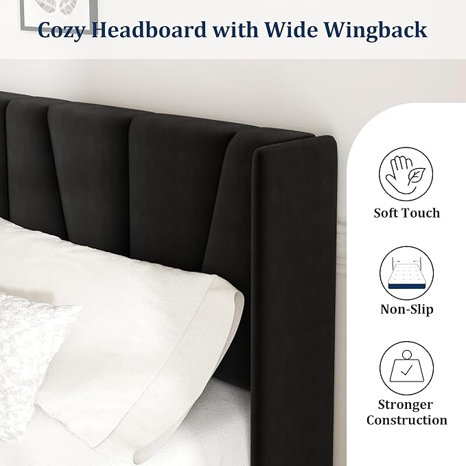 Sismplly King Bed Frame with Headboard, Velvet Upholstered King Size Platform Bed with Wingback, Mattress Foundation with Wooden Slat Support, No Box Spring Needed, Easy Assembly, Noise Free, Black