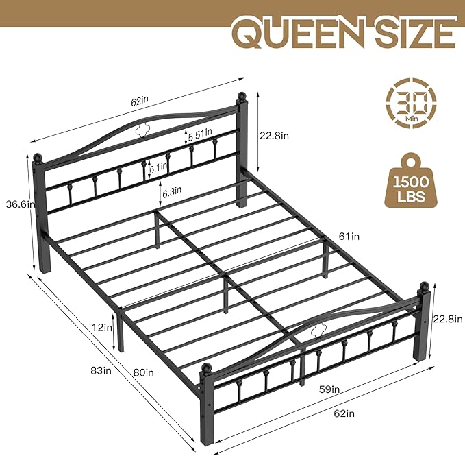 Queen Metal Bed Frame with Headboard, 1500LBS Heavy Duty Queen Bed Frame with Footboard No Box Spring Needed/Noise Free/12'' Under-Bed Storage/Tool-Free Assembly