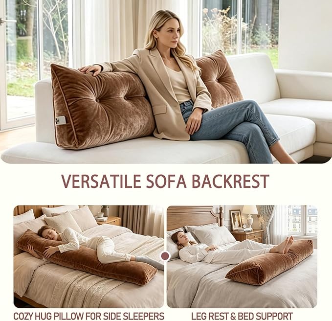 Headboard Pillow Queen, Triangle Wedge Pillow for Headboard, Ergonomic Backrest Cushion for Reading Sitting Working Removable Crystal Velvet Cover for Bed Dorm Sofa (Mocha Brown, Queen)