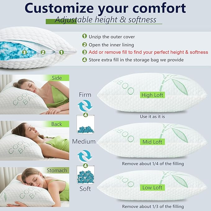 Memory Foam Pillows, Cooling Pillows Queen Size Set of 2 Adjustable Firm Bamboo Bed Pillows for Hot, Side, Back and Stomach Sleepers
