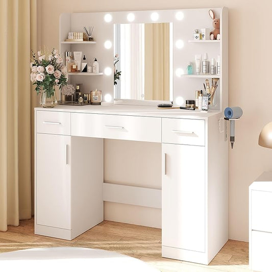 DUMOS Vanity Desk Makeup with Mirror LED Lights, Table with Power Outlet 3 Drawer, 4 Storage Shelves & 2 Cabinets, 3 Lighting Modes & Adjustable Brightness, Dressing Tables for Bedroom, White