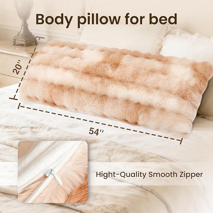 ZonLi Fluffy Body Pillow for Adults, Fuzzy Faux Fur Body Pillow with Shredded Memory Foam, Adjustable Support for Side Sleepers, Pregnancy & Decor, Gifts, 20 x 54 Inch, Light Tan