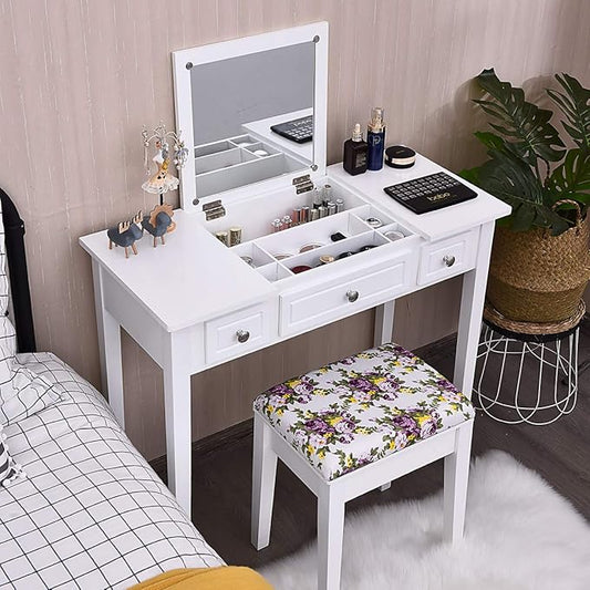 CHARMAID Makeup Vanity Desk with Flip Top Mirror, 3 Drawers, 7 Storage Compartments, White Writing Desk Dressing Table Vanity Set with Cushioned Stool for Girls Women, Easy Assembly