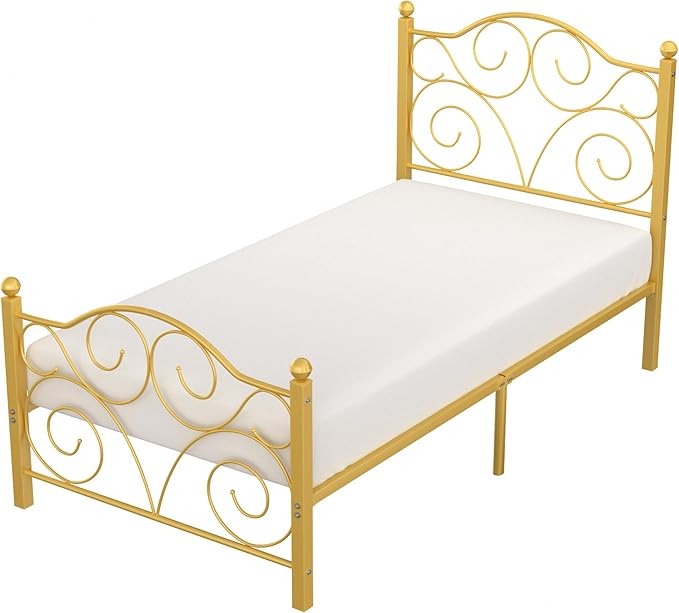 VECELO Twin Size Bed Frame with Headboard and Footboard, Heavy Duty Metal Slat Support, Platform Mattress Foundation, No Box Spring Needed, Easy Assembly, Gold