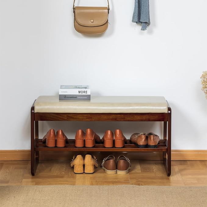 SOBIBO Shoe Bench with Storage - 2-Tier Entryway Bench, Solid Wood Shoe Rack with Cushion & Flip-Open Box, Mid-Century Modern for Hallway, Mudroom, Bedroom (Gray, 31.5'')