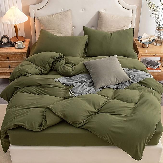 PURE ERA Jersey Knit Duvet Cover Set 100% T-Shirt Cotton Super Soft Comfy 3pc Bedding Set with Zipper Closure (Solid Olive Green, Queen)