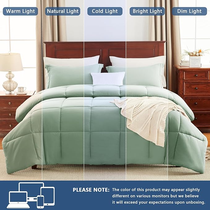 CozyLux King Size Comforter Set - 270GSM Sage Green Bedding Sets for All Seasons Size, 3 Pieces Box Stitched Bed Set with 1 Down Alternative Comforter and 2 Pillow Shams, Soft, Lightweight, Durable
