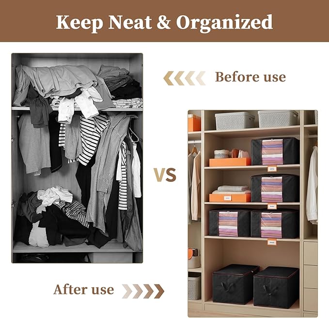 90L Clothes Blanket Storage Bags, 6 Pack Under Bed Storage Bins with Lids, Foldable Closet Organizer with Reinforced Handles for Clothing, Blanket, Comforters, Bed Sheets, Pillows and Toys, Black