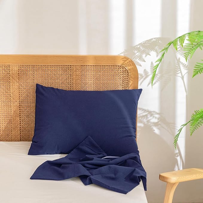 BESTOUCH 100% Washed Cotton Pillowcase for Hair and Skin Linen Feel Soft Comfortable Breathable 2 Set Pillow Case with Envelope Closure Solid Navy Blue King 20x36 Inches