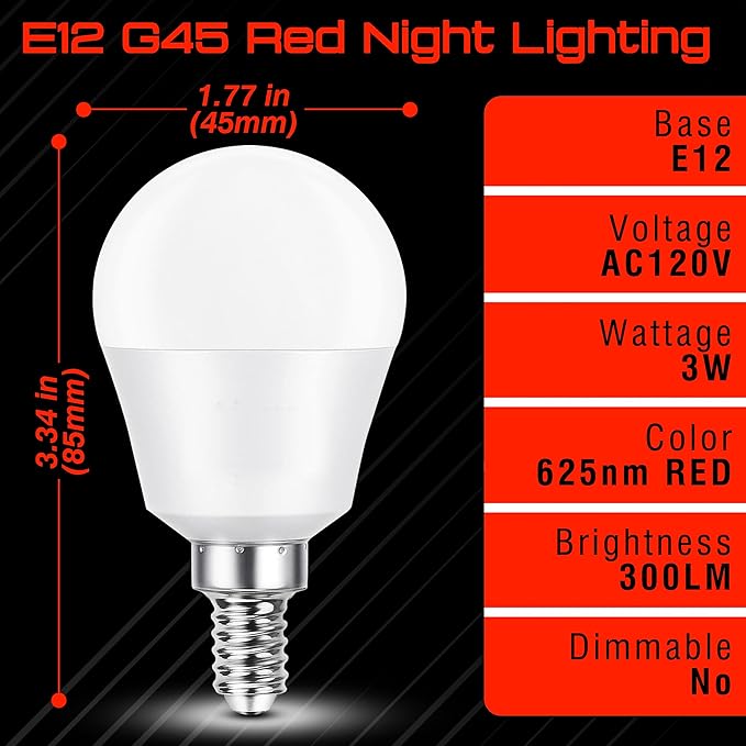 E12 Candelabra Small Base Red Light Bulbs for Sleep 25w-40w Equivalent, 625nm Red Night Light 3W 300LM, E12 G45 Blue Light Blocking for Bedroom Porch Christmas Holiday Festival, Non-Dimmable, 4 Pack
