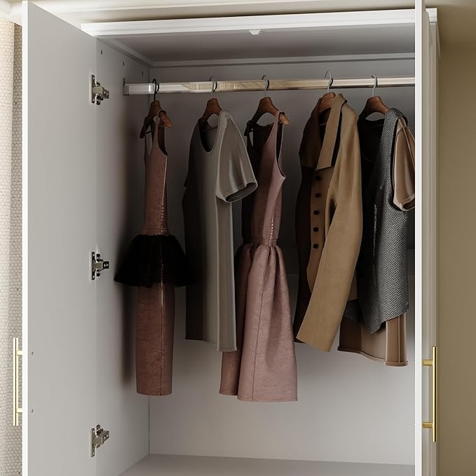 FUFU&GAGA Wardrobe Closet with 4 Doors, Modern White Bedroom Armoire with Gold Handles, Modern Clothes Storage Cabinet with Shelves & Hanging Rod for Cloakroom, 31.7”W x 19.3”D x 74.8”H