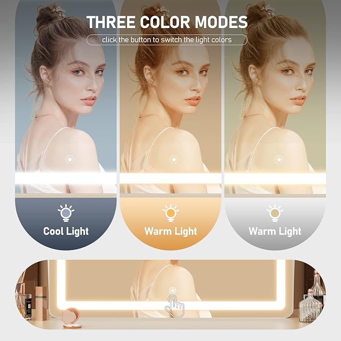 Gvnkvn Ligheted Vanity Mirror with Lights, 14" x 10" LED Makeup Mirror, 3 Modes Light, Smart Touch Control Dimmable, 360°Rotation, Rectangle White Frame