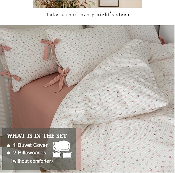 VM VOUGEMARKET Rose Flower Duvet Cover Queen Stripes Bedding Set 100% Cotton Vintage Country Style Girls Comforter Cover with 2 Bow Tie Pillowcases,Off-White/Cream