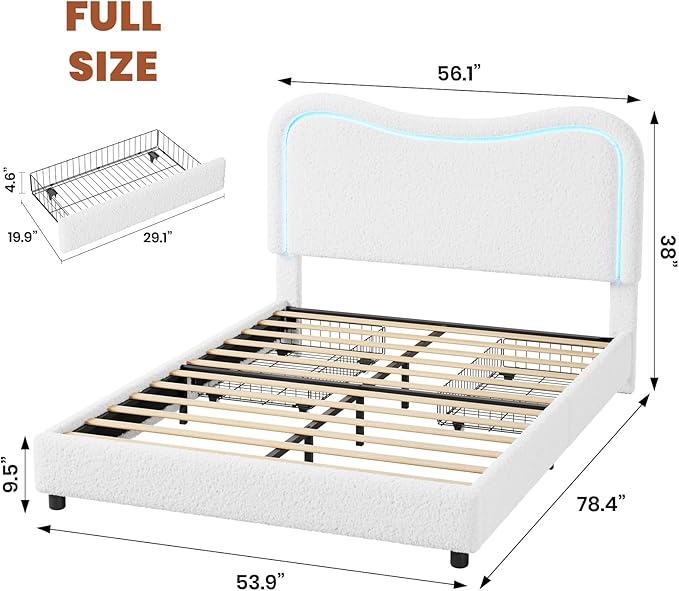 GarveeHome LED Full Size Bed Frame with 2 Drawers and Headboard, Cute Upholstered Bed with Storage, Sturdy Platform Bed, No Box Spring Needed, Wooden Slats, Noise Free, White