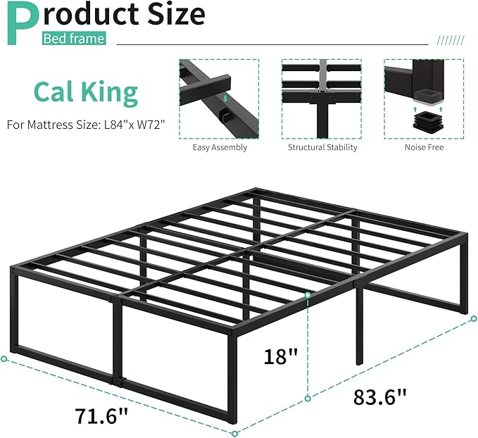 Lutown-Teen 18 Inch California King Bed Frames Sturdy Mattress Foundation, Heavy Duty Metal Cal King Platform with Steel Slats Support No Box Spring Needed, Noise Free, Easy Assembly, Black