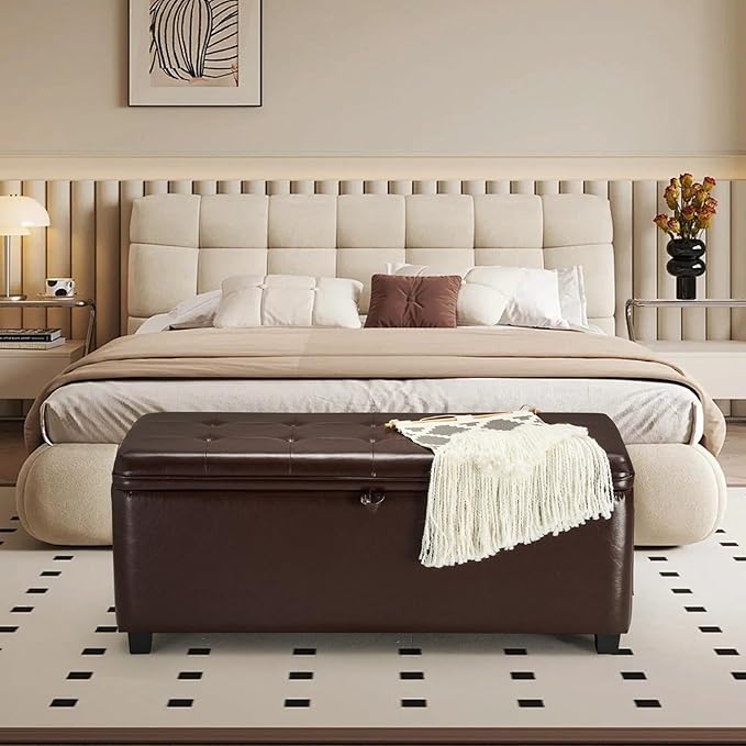 45" Storage Ottoman Bench - Large 28 Gallon (105L) Brown Bedroom Bench for End of Bed, Fuax Leather Upholstered Window Seat, Sturdy Toy Chest & Shoe Bench for Living Room, Entryway