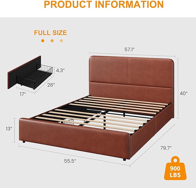 GarveeHome Modern Upholstered Platform Bed Frame with Headboard and Storage Drawers – PU Brown Leather, Sturdy Wood Slat Support, Noise-Free, No Box Spring Needed, Easy Assembly – Full Size, PU Brown