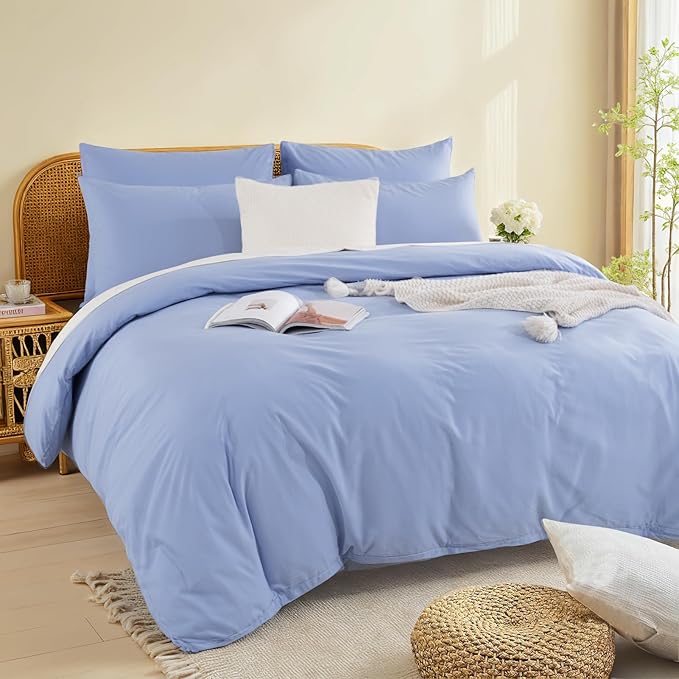 NEXHOME PRO Twin Duvet Cover Set, 100% Washed Cotton with Linen-Like Texture, Natural Organic, Breathable & Comfortable, Includes Home Bedding Set Baby Blue (No Comforter) 6890
