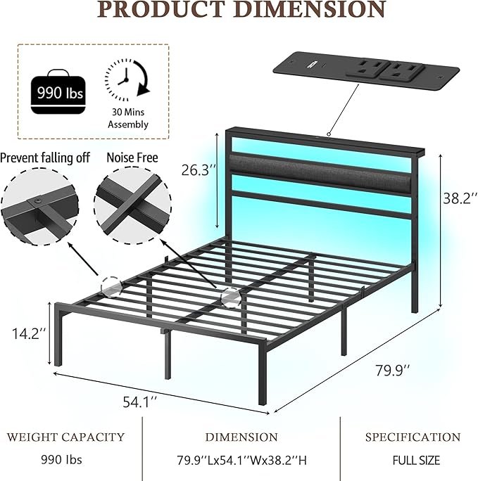 OURPIC Full Size Bed Frame, Bed Frame Full with LED Lights and Charging Station Headboard, Black Metal Platform Bedframe and Storage Shelf, No Box Spring Needed, Noise Free