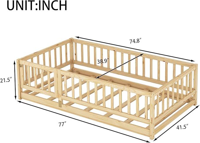 Bellemave Twin Size Montessori Floor Bed with 21.5" High Rails and Slats, Pine,Plywood Floor Bed with Small Door, Natural