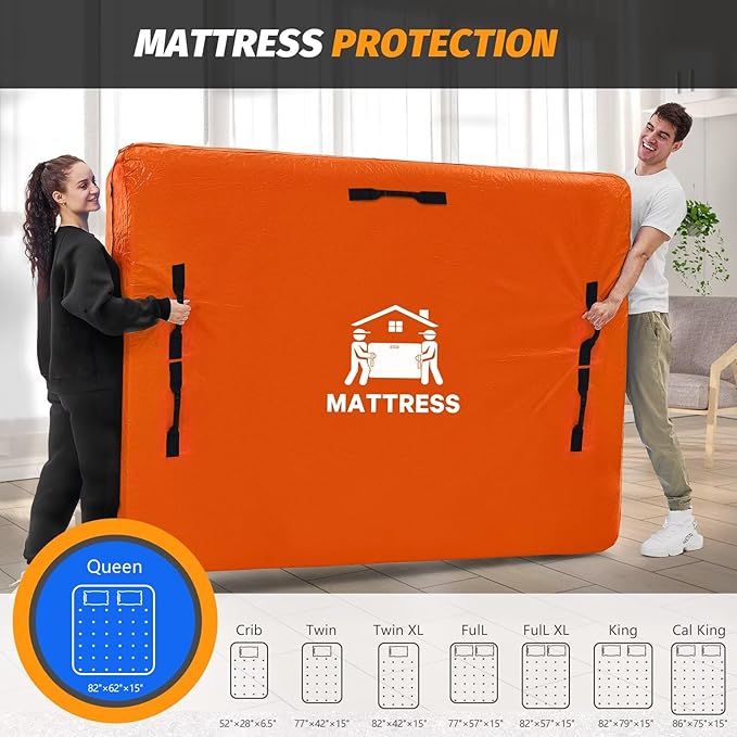 Mattress Bags for Moving, BETU Mattress Protector Waterproof Mattress Cover Queen Size Storage Bags with 8 Heavy-Duty Handles and Zipper for Bed Extra Thick Large Reusable (82"x62"x15" Orange)