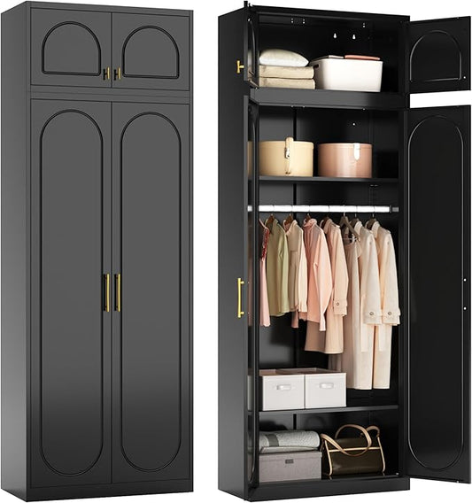 Polup Metal Armoire Wardrobe Closet, 86 Inch Tall Freestanding Wardrobe Cabinet with Hanging Rod, Bedroom Armoires with Doors, 18" D x 32" W x 86" H, Black, Assemble Required, Shipped in Two Packages