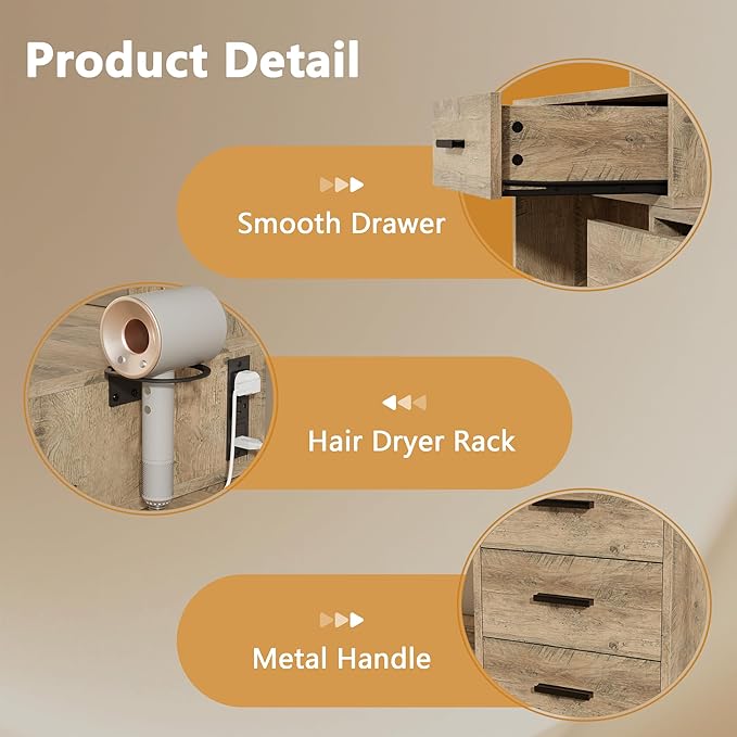 Furmax Makeup Vanity Desk with Mirror and Power Outlet, Vanity with 3 Color Light Options Adjustable Brightness, Vanity Table with 5 Drawers, 6 Storage Shelves, Nightstands (Rustic Oak)